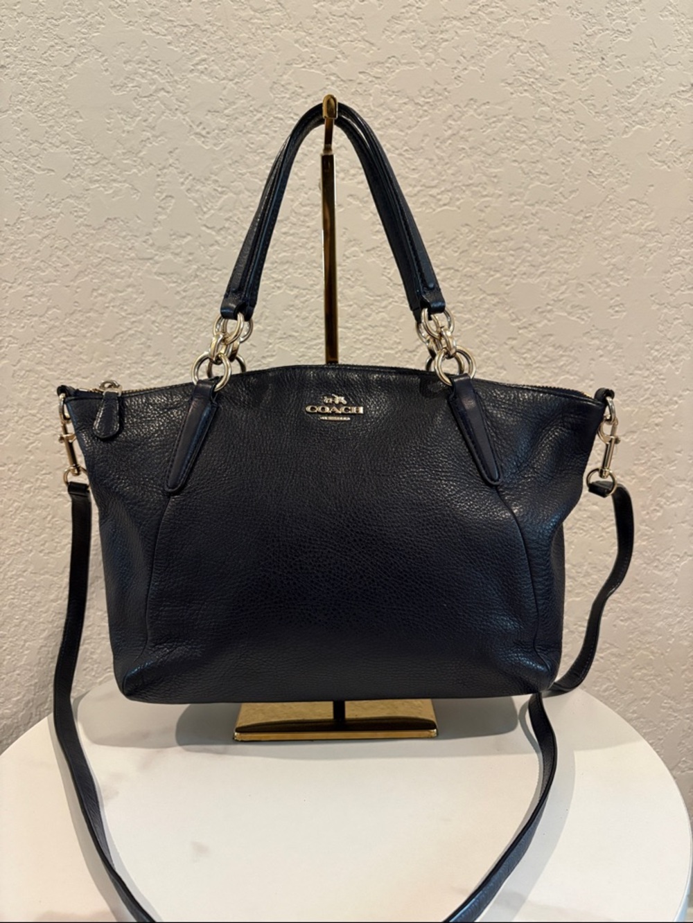Coach Navy Blue Pebbled Leather Shoulder Tote Crossbody